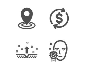 Set of Clean skin, Location and Usd exchange icons. Face verified sign. Cosmetics, Map pointer, Currency rate. Access granted.  Classic design clean skin icon. Flat design. Vector