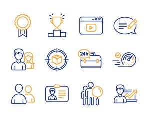 Fototapeta premium Search people, Video content and Speedometer icons simple set. Teamwork, Users and Reward signs. Identification card, Message and Winner podium symbols. Line search people icon. Colorful set. Vector