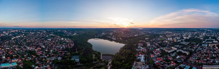 Panorama aerial drone shot of Valea Morilor park at sunset
