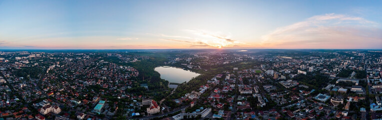 Panorama aerial drone shot of Valea Morilor park at sunset