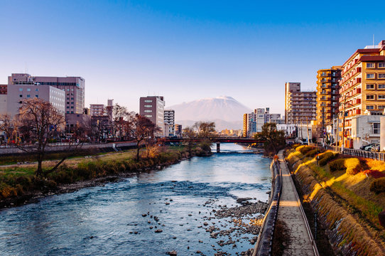 Mount Iwate Morioka City Scene At Katakami River With Sunset Light