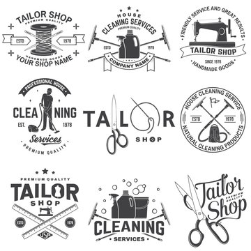 Set of tailor shop, cleaning company badges. Vector. Concept for shirt. Typography design with sewing, cleaning equipments silhouette. Retro design for sewing shop, cleaning service business