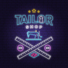 Tailor shop neon design or emblem. Vector. Night neon signboard. Vintage typography design with sewing machine, measure meter silhouette. Retro design for sewing shop business