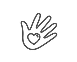Social responsibility line icon. Hand with heart sign. Charity symbol. Quality design element. Linear style social responsibility icon. Editable stroke. Vector