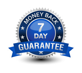 Very powerful, heavy, reliable, blue 7 day money back guarantee badge/seal with ribbon.