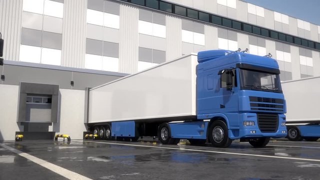 Blue semi trucks loading and unloading goods at warehouse dock. Low parallel tracking shot. Seamless loop. Realistic high quality 3d animation.