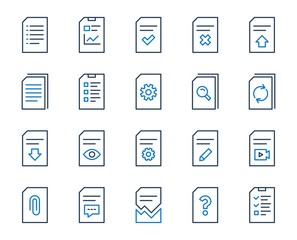 Document Management line icons. Set of Report, Checklist and Copy icons. Download file, Remove and Attach clip symbols. Search, Edit management document and Corrupt report file. Checklist copy