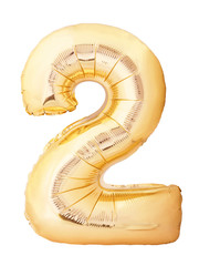 Number 2 two made of golden inflatable balloon isolated on white background. Helium balloon two 2 number. Discount and sale or birthday concept