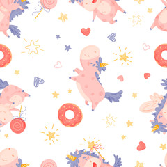 Seamless pattern with unicorn, stars, hearts and donut in cute cartoon styl