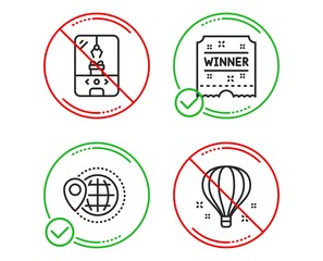 Do or Stop. Crane claw machine, World travel and Winner ticket icons simple set. Air balloon sign. Attraction park, Map pointer, Carousels award. Sky travelling. Holidays set. Vector