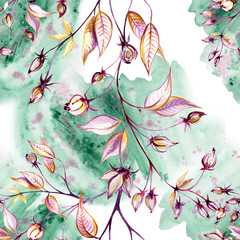 watercolor flowers and branches with leaves on a seamless green background for use in design, textiles, Wallpaper, wrapping paper