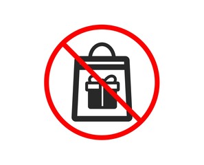 No or Stop. Shopping bag with Gift box icon. Present or Sale sign. Birthday Shopping symbol. Package in Gift Wrap. Prohibited ban stop symbol. No holidays shopping icon. Vector