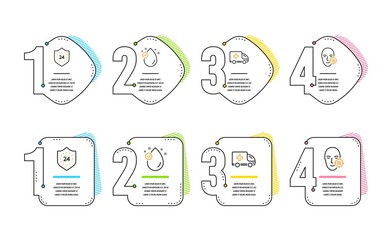 Vitamin e, 24 hours and Ambulance emergency icons simple set. Problem skin sign. Oil drop, Protection, Medical transport. Facial care. Medical set. Infographic timeline. Line vitamin e icon. Vector