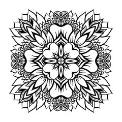Tropical monochrome mandala with a lotus flower in the center.