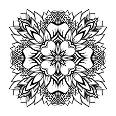 Tropical monochrome mandala with a lotus flower in the center.