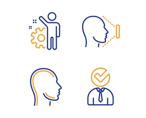 Employee, Face id and Head icons simple set. Vacancy sign. Cogwheel, Identification system, Human profile. Businessman concept. People set. Linear employee icon. Colorful design set. Vector
