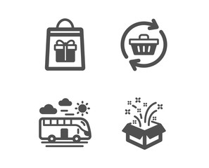 Set of Bus travel, Holidays shopping and Refresh cart icons. Gift sign. Transport, Gifts bag, Online shopping. New year.  Classic design bus travel icon. Flat design. Vector