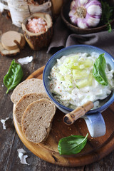 Summer light salad: Greek yoghurt, garlic, greeb herbs and cucumber