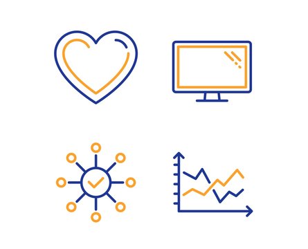 Survey Check, Heart And Monitor Icons Simple Set. Diagram Chart Sign. Correct Answer, Love Feelings, Computer Component. Presentation Graph. Linear Survey Check Icon. Colorful Design Set. Vector