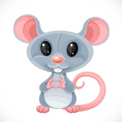 Cute cartoon toy gray rat fold a heart out of her fingers isolated on white background