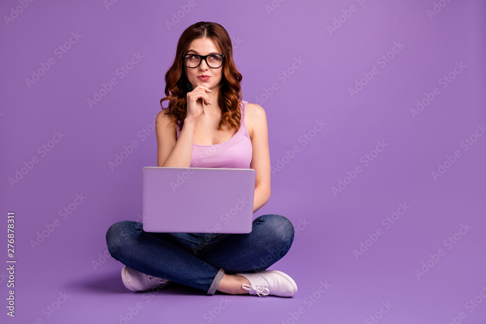 Sticker Portrait of lovely youth touch chin fingers thoughts ask plans wear jeans denim modern technology eyewear eyeglasses trendy foxy hairstyle sneakers singlet isolated purple violet background