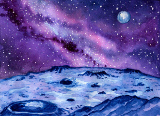 Landscape of a distant planet with a galaxy and starry space. Blue planet's surface is covered with craters and rocks © Galina's Tales