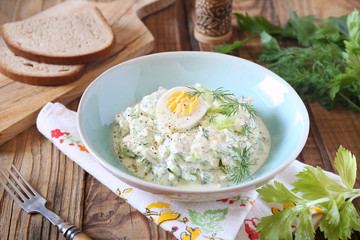 Vitamin light vegetable salad with dill, celery, eggs and Greek yogurt