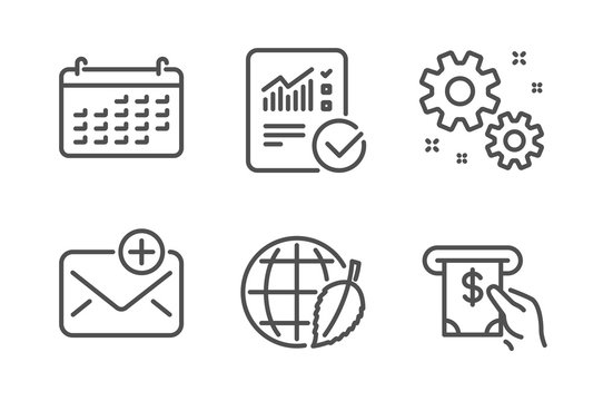 Calendar, Work and Environment day icons simple set. Checked calculation, New mail and Atm service signs. Business audit, Settings. Technology set. Line calendar icon. Editable stroke. Vector