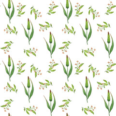 Fototapeta na wymiar Beautiful watercolor floral and herbs seamless pattern with colorful flowers and leaves on white background. Botanical hand drawn illustration. Vintage wallpaper spring and summer season.