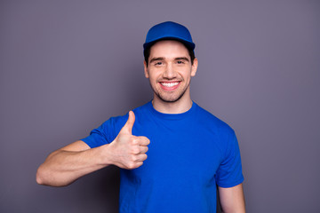 Close up photo express specialist he him his beaming toothy self-confident person order offer...