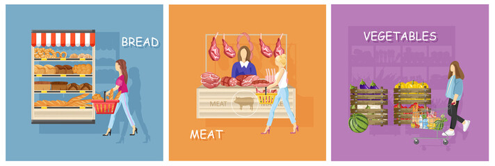 Bread, meat and vegetables stands shopping Vector flat styles