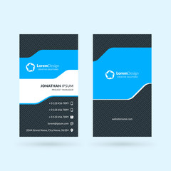 Vertical double-sided black and blue modern business card template. Vector illustration. Stationery design