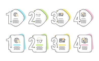 Engineering documentation, Internet search and Face scanning icons simple set. Creative design sign. Manual, Web finder, Faces detection. Designer. Infographic timeline. Vector
