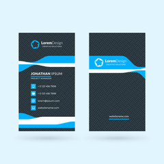 Vertical double-sided black and blue modern business card template. Vector illustration. Stationery design