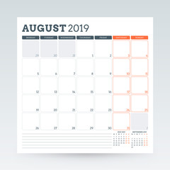 Calendar planner for August 2019. Stationery design template. Vector illustration