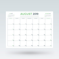 Calendar planner for August 2019. Stationery design template. Vector illustration