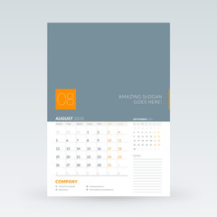 Calendar planner for August 2019. Stationery design template. Vector illustration