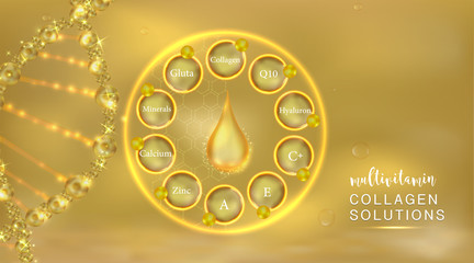 Hyaluronic acid plus multivitamins and mineral skin solutions ad, gold collagen serum drop with cosmetic advertising background ready to use, illustration vector.