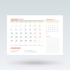 Calendar planner for August 2019. Stationery design template. Vector illustration