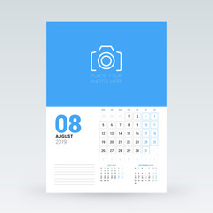 Calendar planner for August 2019. Stationery design template. Vector illustration