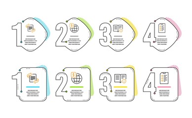 Technical info, World money and Marketing icons simple set. Checklist sign. Documentation, Global markets, Article. Data list. Science set. Infographic timeline. Line technical info icon. Vector