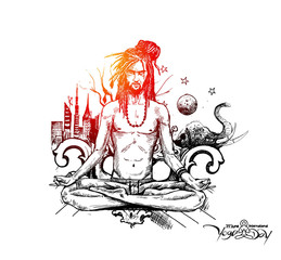 Yoga Guru Baba Looking for Inner Peace with urban city. Hand Draw Sketch Vector Illustration.