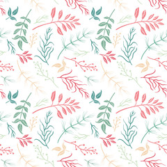 Fototapeta na wymiar Hand drawn branch elements seamless pattern, cute sketch floral background in pink and green, great for fashion fabric, summer textile, backdrops, banner, wallpapers, cosmetic cards, invitations