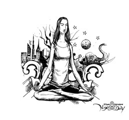 Yoga girl Looking for Inner Peace with urban city. Hand Draw Sketch Vector Illustration.