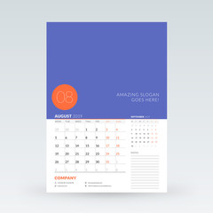 Calendar planner for August 2019. Stationery design template. Vector illustration