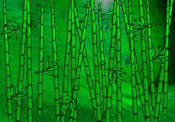 Botanical watercolor processing filters. Bamboo branches on bright green background
