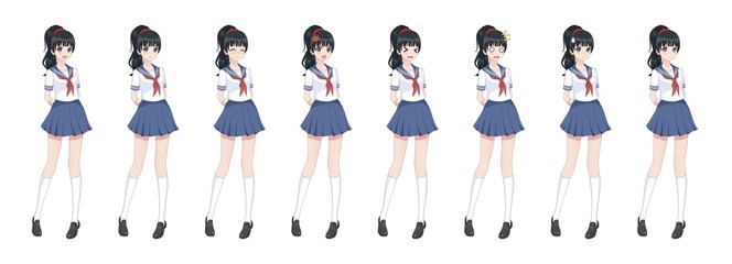 Anime manga schoolgirl in sailor suit, blue skirt