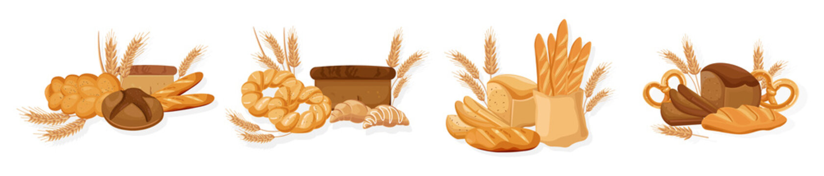 Bakery set Vector. Bread, pretzel, croissant. Front view detailed illustrations