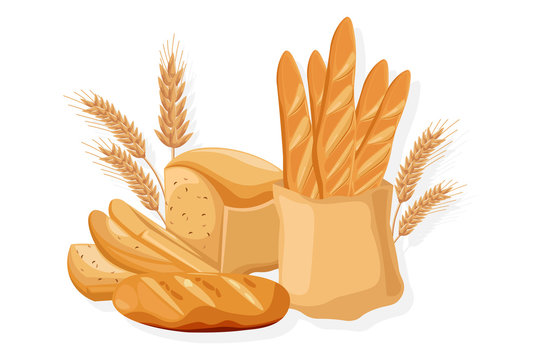 Bakery set Vector. Bread, baghet, rye. Front view detailed illustrations
