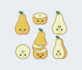 Yellow pear set drawn cute kawaii food faces